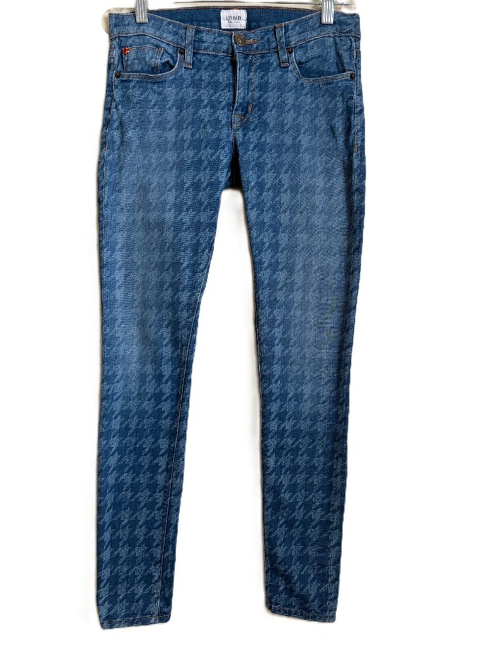 Hudson Krista Super Skinny Nottingham Houndstooth Low Rise Distressed Blue Jeans